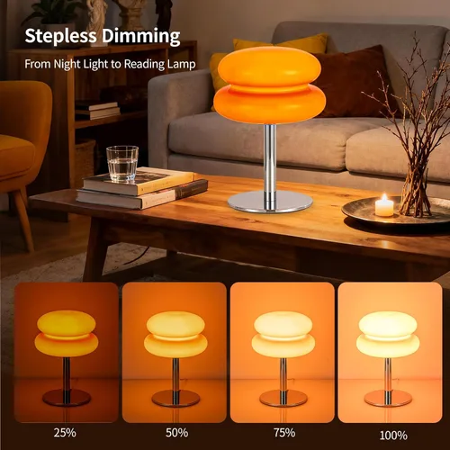 Miniatura 3 de Lámpara vintage de hongos, lámpara de cristal naranja con base de metal, lámpara de mesita de noche regulable para dormitorio, sala de estar