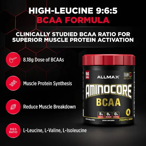 Miniatura 2 de ALLMAX Nutrition AMINOCORE BCAA en polvo, 0.29oz de aminoácidos, bebida de recuperación intra y después del entrenamiento, sin gluten, frambuesa