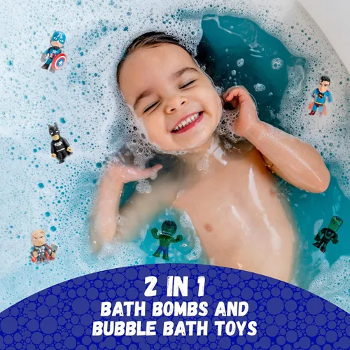 Miniatura 8 de Bombas de baño de superhéroes para niños con juguetes sorpresa en el interior (paquete de 12) – Bomba de burbujas grande, aromas afrutados, aromas