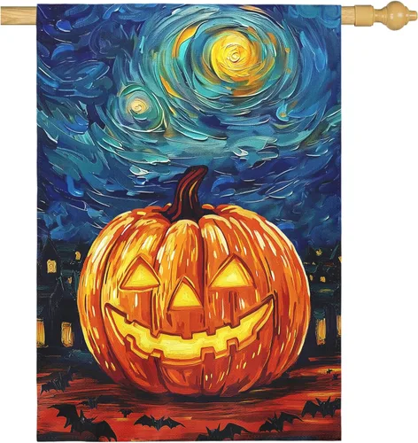 Miniatura 35 de Bandera de jardín de Halloween, bandera de jardín de calabaza Van Gogh, banderas de jardín, artes, cielo nocturno estrellado, luna, bandera