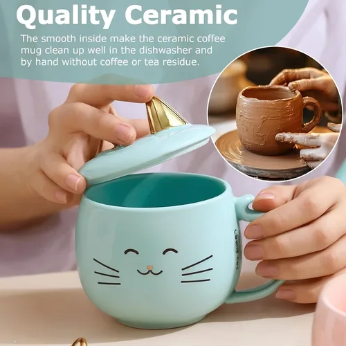 Miniatura 5 de Yuwu Taza de café de cerámica con cuchara y tapa, taza de 13.5 onzas con tapa de soporte para teléfono, bonita taza de té para mujeres y entusiastas