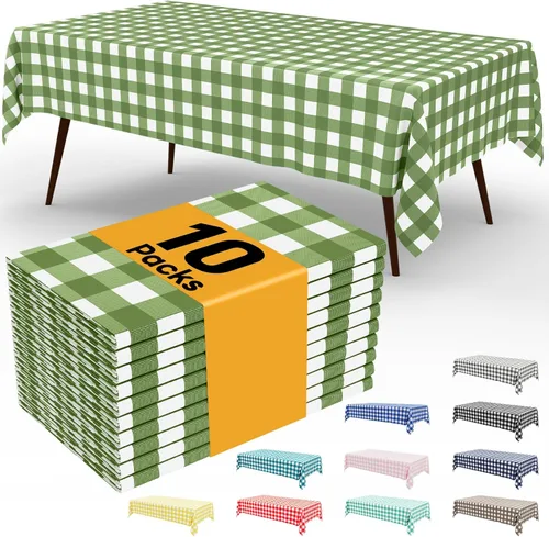 Miniatura 77 de Smiry Paquete de 3 Manteles Desechables de Cuadros Gingham Color Caqui - 54" x 72" Mantel de Plástico de Servicio Pesado, Cubiertas de Mesa