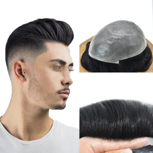 Miniatura 20 de Tupé para hombre, extensiones de cabello humano Remy para hombre, piel fina, 0.002 in, sistema de reemplazo de cabello con bucle en V para hombres