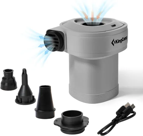 KingCamp Bomba de aire para inflables, inflador/deflector portátil de llenado rápido, bomba de aire eléctrica con 4 boquillas para colchoneta de