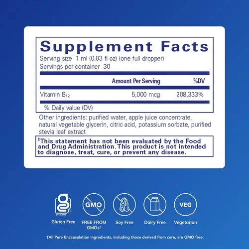 Miniatura 2 de Pure Encapsulations B12 5,000 Liquid - Suplemento de vitamina B12 metilcobalamina para apoyar la energía, la salud de los nervios, la función