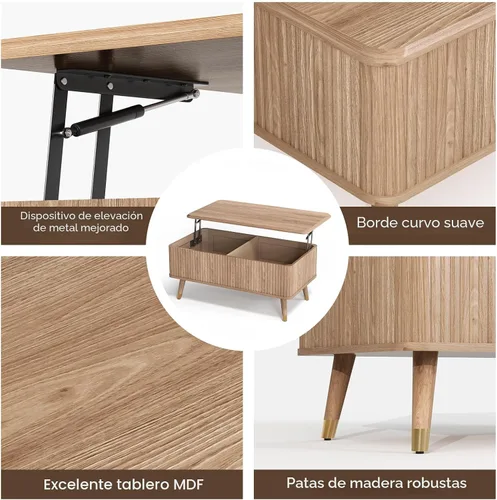 Miniatura 9 de Mesa de centro elevable con almacenamiento, mesa de centro moderna de mediados de siglo con patas de madera maciza, mesa central minimalista Roble