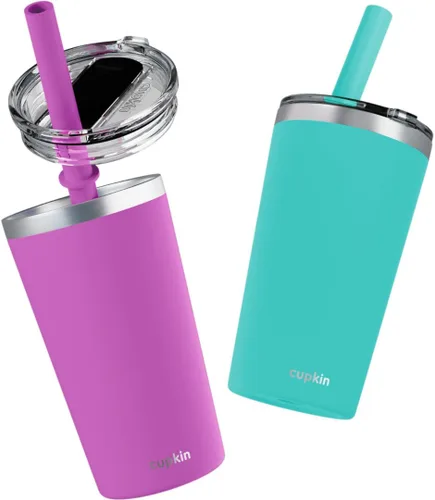 Miniatura 29 de CUPKIN - Taza apilable de acero inoxidable para niños, taza de batido, tazas aisladas con recubrimiento en polvo, tapa libre de BPA y pajilla de Rosa