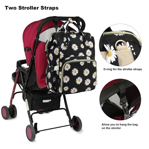 Miniatura 5 de Mochila de pañales con diseño floral para bebés, niñas y niños, bolsas de pañales para mamá con flores para mujeres (color negro margarita)