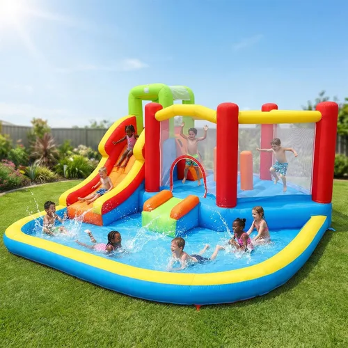 Miniatura 10 de Casa de rebote para niños con tobogán, casa inflable fácil de desinflar para niños pequeños, castillo de salto inflable al aire libre con soplador