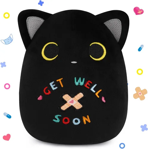 Miniatura 10 de Regalos para mujeres y niños, peluche de gato negro de 8 pulgadas, animales de peluche con texto en inglés "Get Well Soon", peluches de gato kawaii
