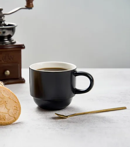 Miniatura 6 de YHOSSEUN Juego de 4 tazas de café apilables de porcelana con estante, tazas de café expreso con cucharas de soporte, tazas de café demitasse de 11