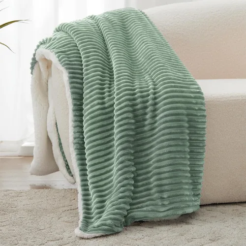 Miniatura 11 de Manta Sherpa para sofá, súper suave y gruesa, manta blanca, mantas cálidas para invierno, manta mullida para sofá cama, forro polar a rayas, crema