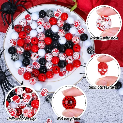 Miniatura 3 de Whaline 130 cuentas de madera de Halloween de 0.632 pulgadas (0.630 in) con cuentas de madera de truco o trato sangriento, telaraña, cuentas