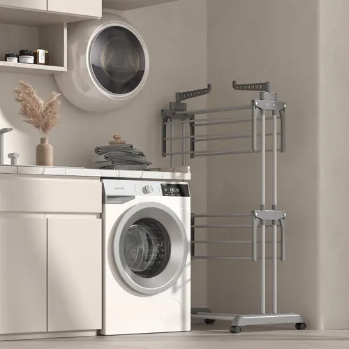 Miniatura 2 de Bigzzia Estante de secado de ropa de 3 niveles, estante de secado de lavandería de 57 pulgadas, estante plegable de acero inoxidable para niños, Gris
