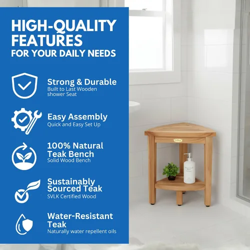 Miniatura 4 de EcoDecors Snazzy Corner Banco Taburete Asiento Silla de Ducha Impermeable de Madera de Teca Para Ducha Interior Proporciona Seguridad