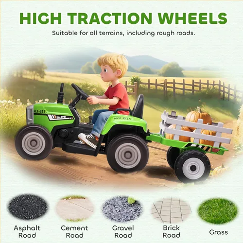 Miniatura 6 de Aosom Tractor de paseo de 12 V con remolque, motores duales de 25 W, tractor eléctrico a batería con control remoto, sonido de arranque de música