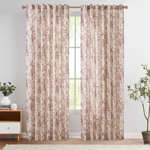 Miniatura 96 de Jinchan Cortinas de Mezcla de Lino con Estampado Floral para Sala de Estar, 84 Pulgadas de Largo, Cortinas con Bolsillo para Varilla y Tab Trasera