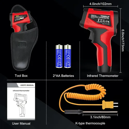 Miniatura 9 de Pistola termómetro infrarroja, pistola de temperatura láser digital con sonda, termómetro IR sin contacto de -40°F ~ 1472°F con emisividad ajustable