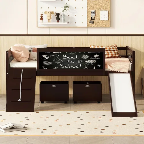 Miniatura 10 de CITYLIGHT Cama loft de madera para niños con tobogán, pizarra, tira de luz y techo, marco de cama de tamaño individual con barandillas de seguridad