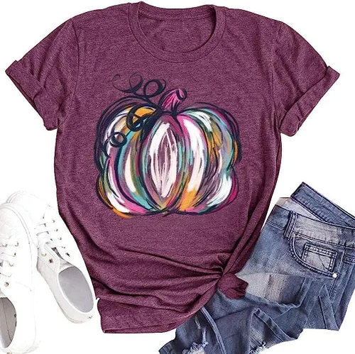 Woffccrd - Camisetas divertidas con estampado de calabaza y leopardo para mujer, camisetas gráficas de manga corta de Halloween para mujer,