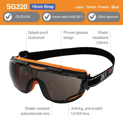 Miniatura 2 de DEX FIT Gafas de seguridad protectoras SG220; antiniebla y antiarañazos, protección ocular Z87 para el trabajo, ajustables para mujeres y hombres