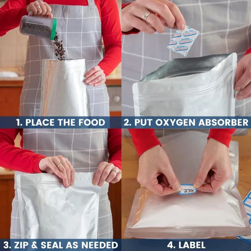 Miniatura 6 de 50 bolsas de Mylar de cuarto de galón para almacenamiento de alimentos, bolsas de Mylar de 0.394 in de grosor, 7 x 10 pulgadas, con absorbentes