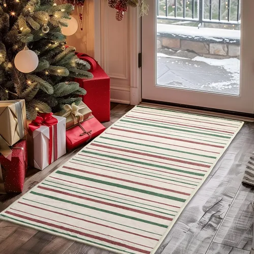 StangH Alfombra de pasillo de 2 x 8 pies, lavable, para niños, con estampado de rayas rojas y verdes, antideslizante, apta para mascotas, alfombra