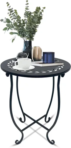 Mesa auxiliar redonda de metal pequeña para interiores y exteriores, mesa de café bistró de 14 pulgadas, resistente a la intemperie, mesa auxiliar