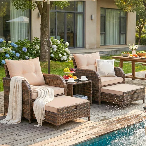 Juego de 5 sillas de patio con otomanas, ratán PE para todo tipo de clima, muebles de conversación al aire libre con mesa, color beige