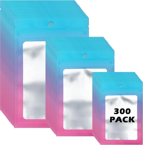 Miniatura 10 de 300 bolsas holográficas de mylar, 3 tamaños, bolsas a prueba de olores con ventana transparente, bolsas de papel de aluminio resellables