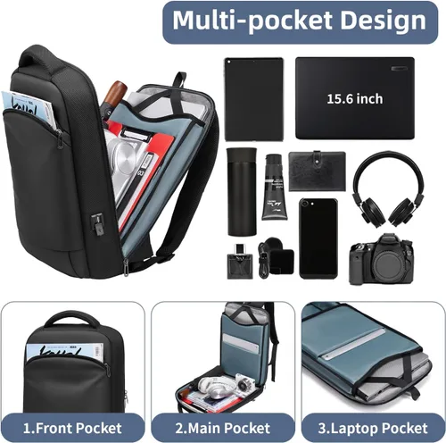 Miniatura 6 de Mochila delgada para laptop para hombre, mochila de negocios ligera de 15.6 pulgadas, mochila de viaje impermeable con puerto de cargador USB, bolsa