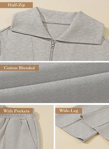 Miniatura 5 de Aleumdr Conjunto de dos piezas de sudadera con media cremallera para mujer, conjunto a juego con pantalón de pierna ancha