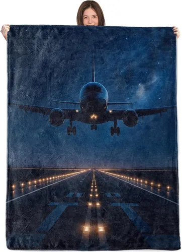 Manta de avión Wicked, 40 x 50 pulgadas, acogedora manta de franela con diseño majestuoso de aterrizaje nocturno y cielo estrellado, mantas de