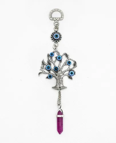 LUCKBOOSTIUM Amuleto plateado con árbol de la vida con ojo malvado azul y piedra preciosa de cristal, dije para crecimiento, fuerza, protección,