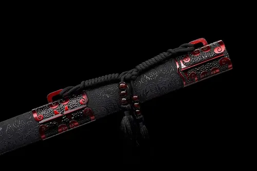 Miniatura 6 de Espada china de acero de alto carbono SJ SHI JIAN dinastía Tang Dao hoja recta con patrón de dragón funda Rojo