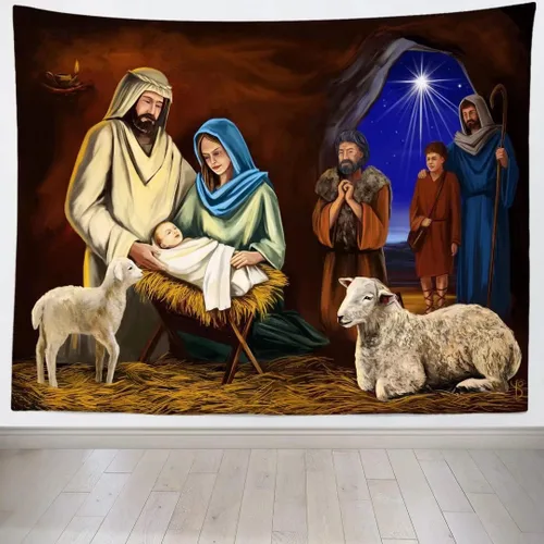 CORFOTO Tela 106 pulgadas de ancho x 70 pulgadas de alto, tapiz para colgar en la pared, tapiz de pared cristiano de nacimiento de Jesús, pesebre,