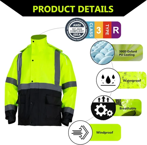 Miniatura 3 de Traje de Lluvia de Alta Visibilidad Clase 3 con Capucha Plegable en Lima Reflectante, Chaqueta y Pantalones de Seguridad Impermeables