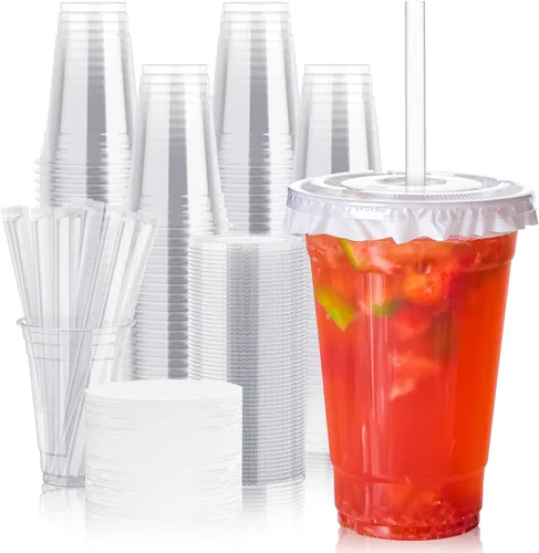 Miniatura 9 de JOLLY CHEF Paquete de 100 vasos de plástico transparente de 12 onzas con tapas y pajitas, tazas desechables para café helado con tapas para batidos