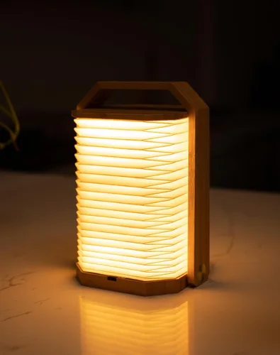 Lámpara portátil de bambú - Linterna japonesa plegable con carga USB, pantalla de papel de fibra resistente a rasgaduras e impermeable, luz de viaje