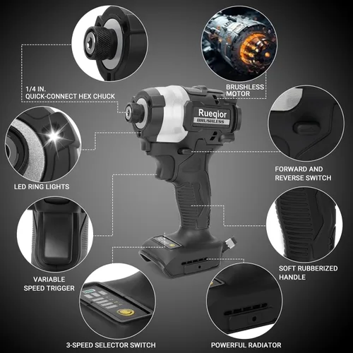 Miniatura 5 de Destornillador de impacto inalámbrico de 1/4 de pulgada para batería DeWalt de 20 V, controlador sin escobillas de 220 pies-libras (300 N.m), Negro