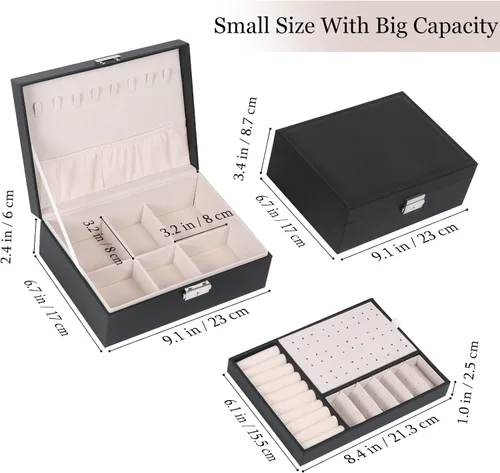 Miniatura 16 de Joyero para mujeres y niñas, contenedor organizador de joyas de 2 capas con cerradura, estuche de almacenamiento de piel sintética con bandeja