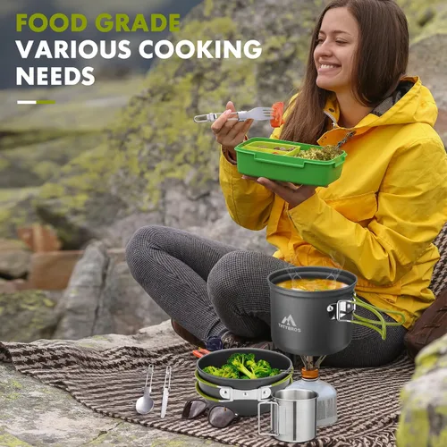 Miniatura 7 de Kit de utensilios de cocina para campamento, mochileros, ollas de 0.33 galones y sartenes de 0.17 galones, taza SUS304 de 0.08 galones, tenedores