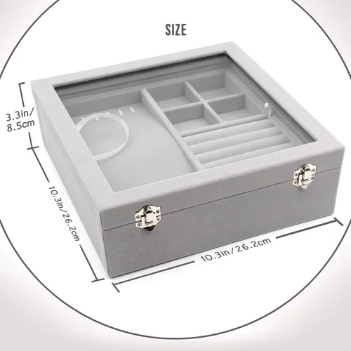Miniatura 4 de KLOUD City Joyero con tapa de vidrio Caja de joyería de dos capas Organizador Display Storage Case (gris)