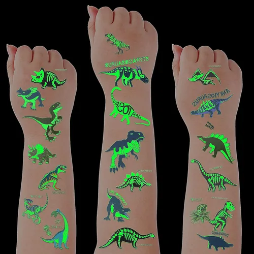 Zonon 90 piezas de tatuajes temporales de dinosaurio luminoso, tatuajes temporales, calcomanías brillantes de dibujos animados, tatuajes de selva,