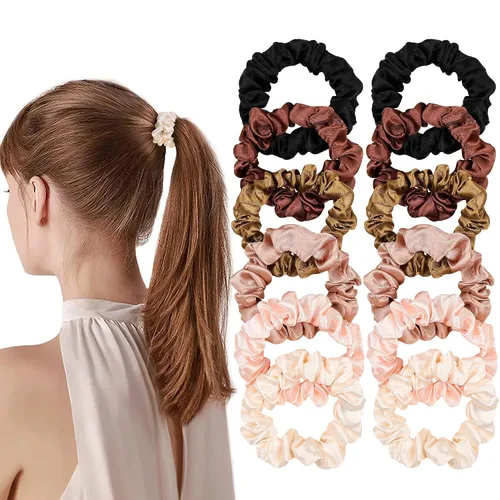 Miniatura 10 de Ivyu, ligas de cabello de seda satinada negras pequeñas mini scrunchy para mujeres, accesorios para cabello grueso, lindos, suaves, sin