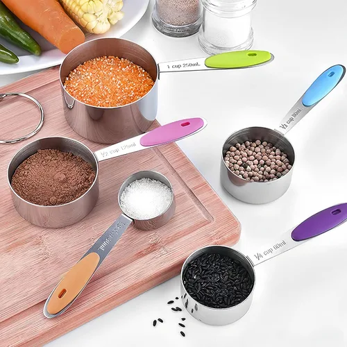 Miniatura 4 de Juego de 10 tazas y cucharas medidoras, taza medidora de metal apilable para medir ingredientes secos y líquidos, alimentos secos de cocina usados