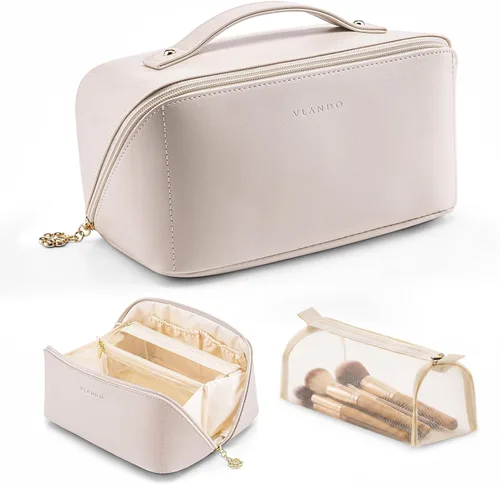 Miniatura 9 de Vlando Bolsa de maquillaje de viaje, neceser para mujer, piel sintética, abierta, plana, bolsa de maquillaje, Clásico elegante