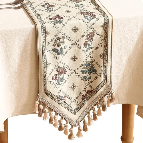 patdrea Camino de mesa de lino floral vintage de 71 pulgadas de largo, color beige con patrón de ramos rústicos, decoración para cocina, comedor,