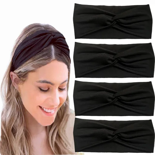 Hjiaruiky 4 diademas de turbante para mujer, bohemias, elásticas, a la moda, de tela anudada, bonita, gruesa, para mujeres, niñas, yoga, color negro