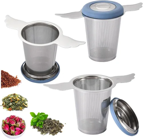 3 unidades de malla extra fina infusor de té con tapa/bandeja de goteo para té rooibos de hojas sueltas, filtro de té y café de acero inoxidable 304